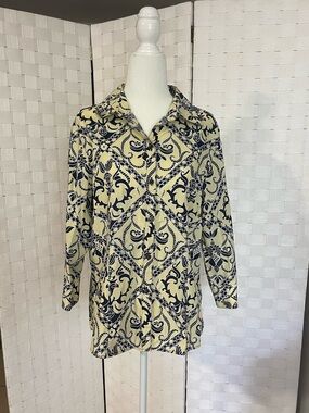 Foxcroft Yellow and Navy Floral-Print Button Front Top